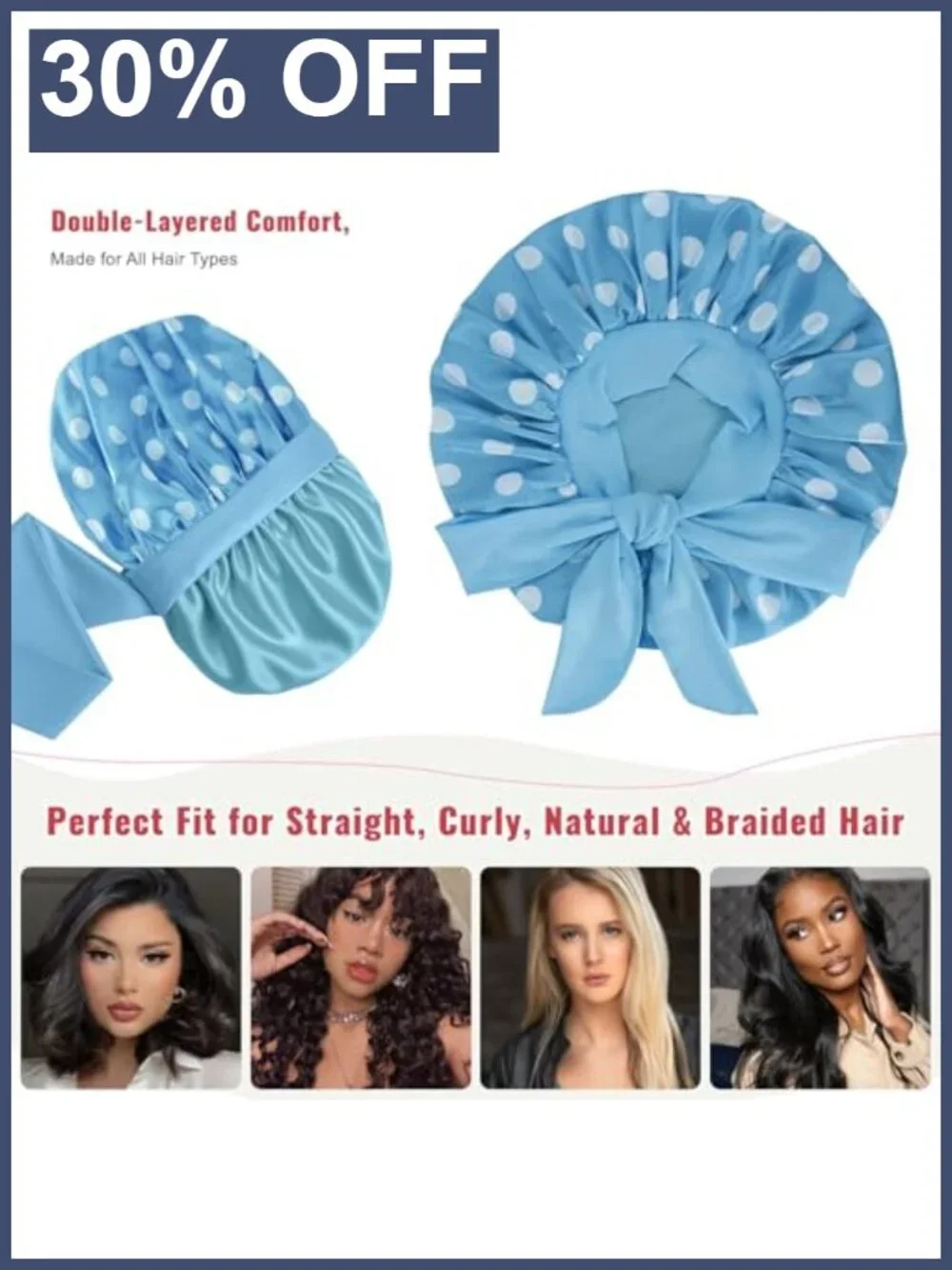 Silk Satin Sleep Bonnet with Long Tie Straps for Curly Natural Hair | Double